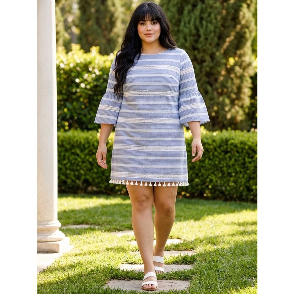 🔺️NWT Vince Camuto Blue Striped Tassle Trim Bell Sleeve Dress Size 14